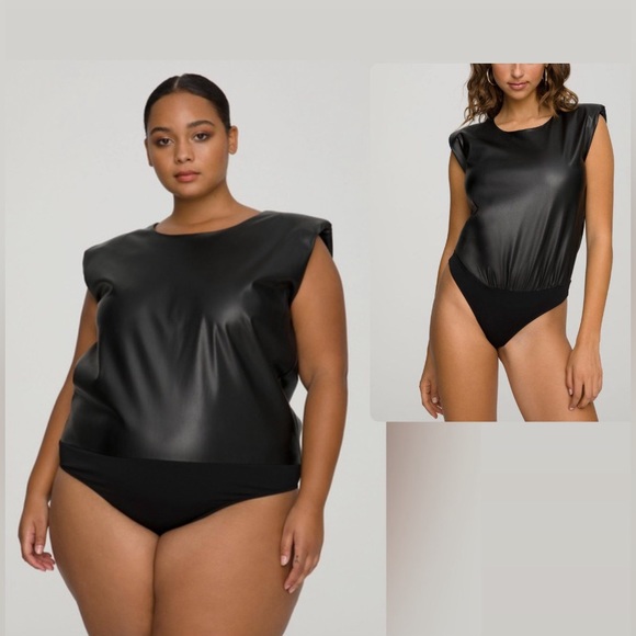 New GOOD AMERICAN l Black Faux Leather Strong Shoulder Bodysuit Tee 6 (3X) - Picture 2 of 8